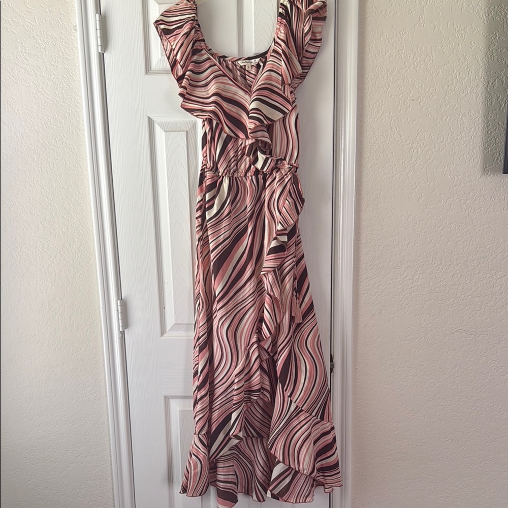 Indulge Pink and White Ruffled Wrap Sundress